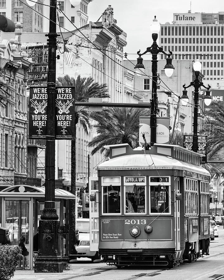New Orleans Red Streetcar Bw Photograph