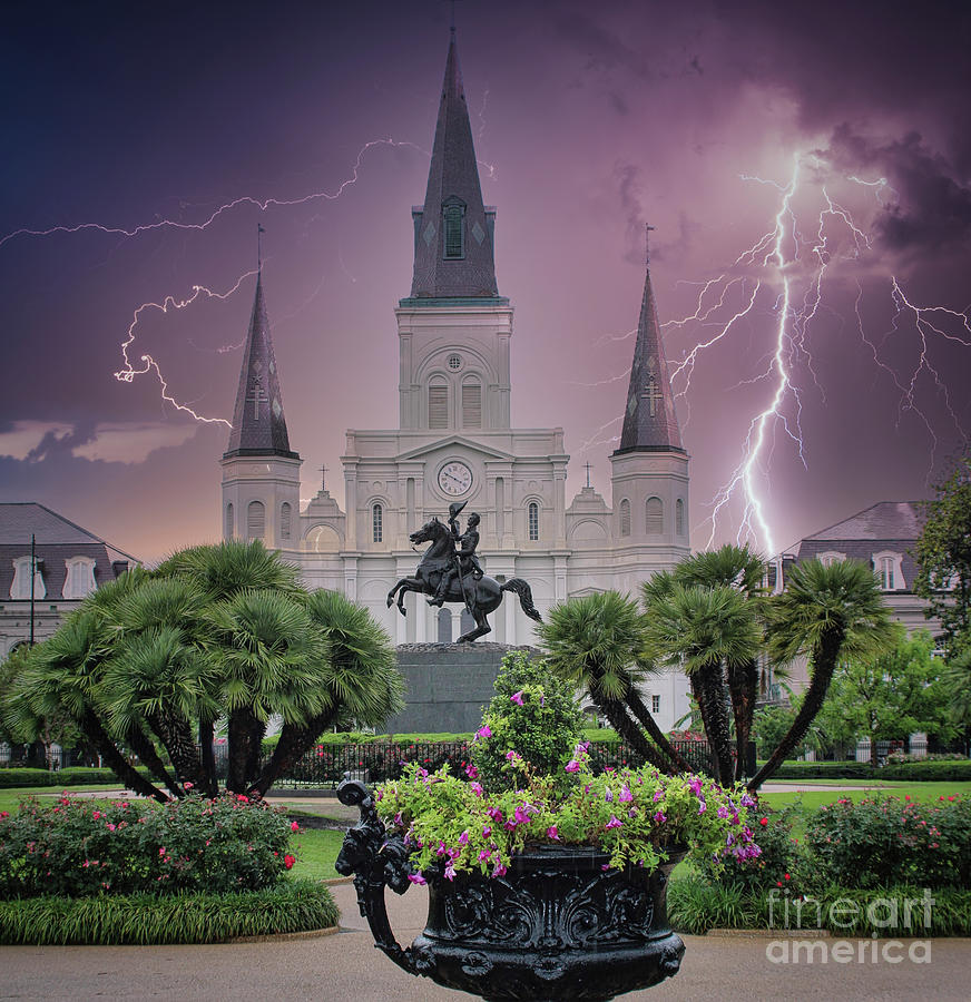 New Orleans St. Louis Cathedral Lightning Color  Photograph by Chuck Kuhn