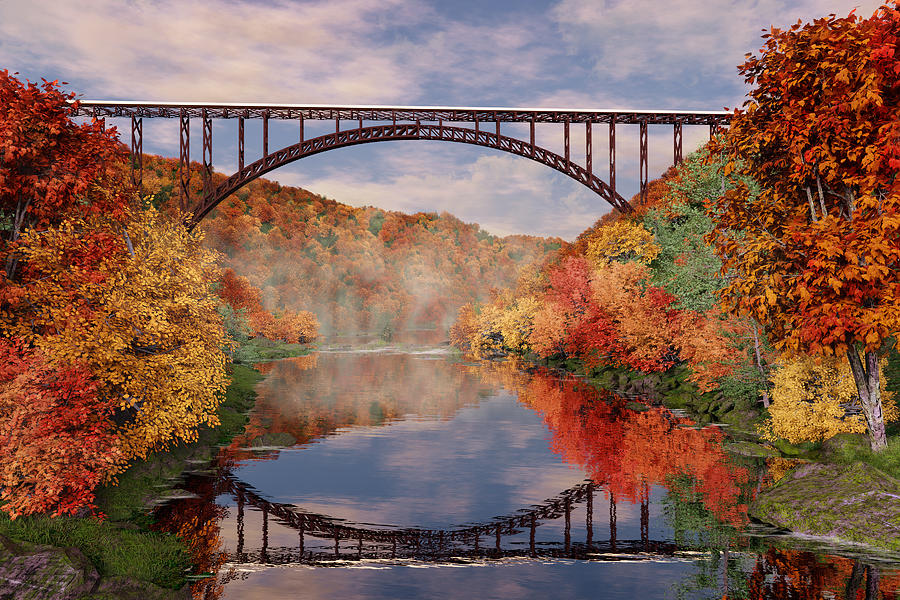 New River Bridge in Autumn NR101 Digital Art by Mary Almond