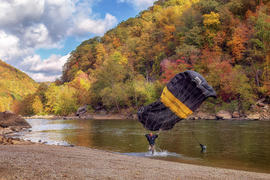 New River Gorge - Bridge Day 2023 - BASE Jump Water Landing 1 Photograph by Susan Rissi Tregoning New River Gorge - Bridge Day 2023 - BASE Jump Water Landing 1 Photograph by Susan Rissi Tregoning