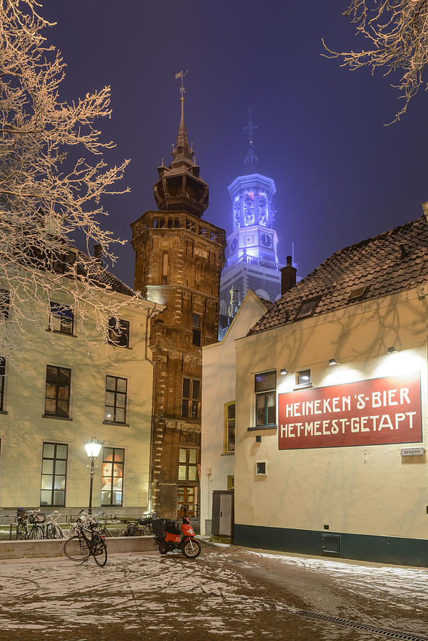 New Tower and old city hall in Kampen winter night Photograph by Sjoerd van der Wal