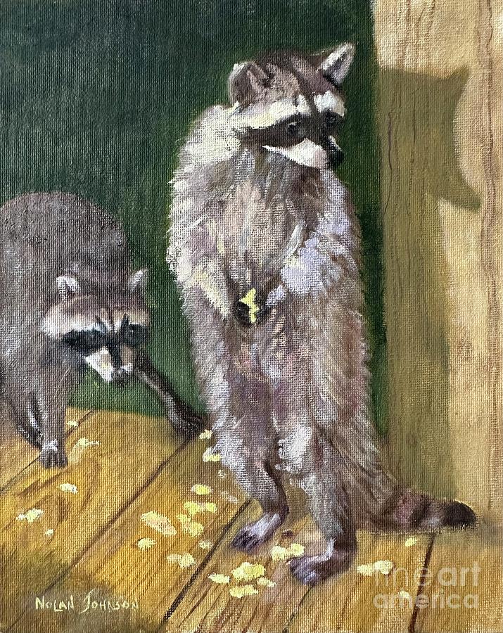 Raccoon Caught In Action by Marilyn Nolan-Johnson Painting by Marilyn Nolan-Johnson