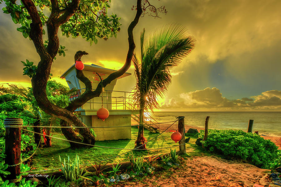 Oahu HI Sandy Beach Lifeguard Station Sunrise Seascape Art Photograph by Reid Callaway