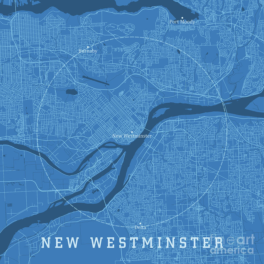 Map Digital Art - New Westminster BC City Vector Road Map Blue Text by Frank Ramspott