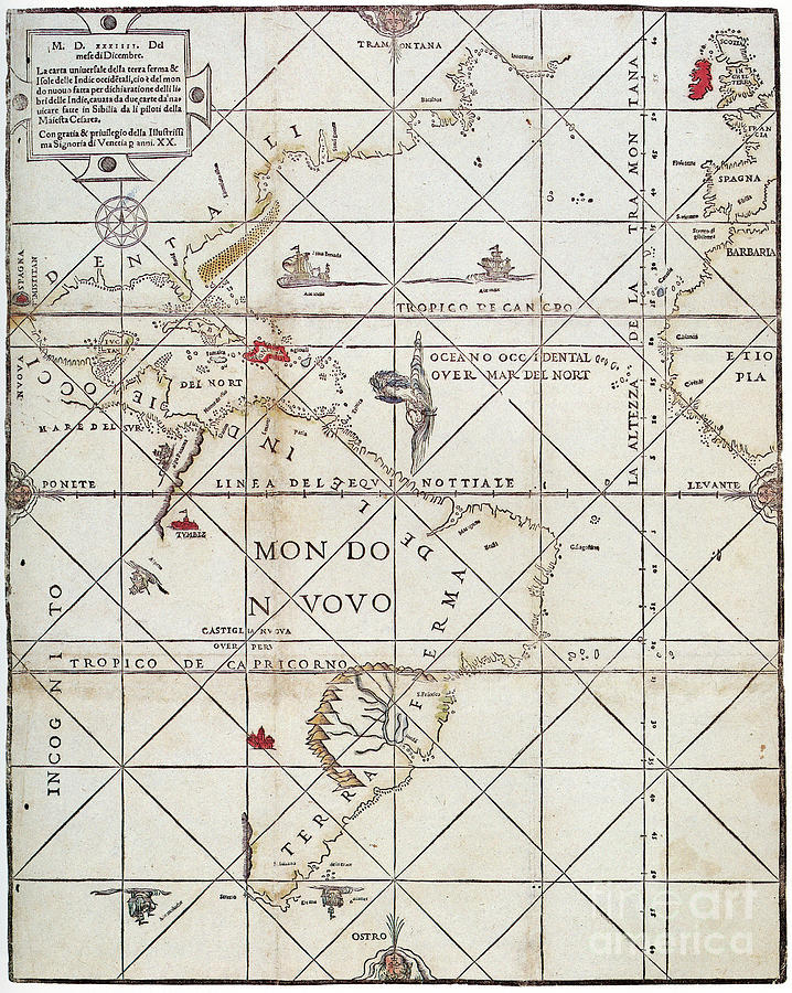 New World Map, 1534 Drawing by Diego Ribero and Giovanni Battista Ramusio