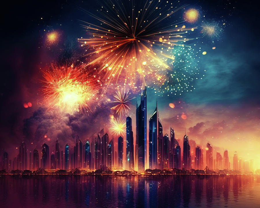 New Year Fireworks 01 Modern City Digital Art by Matthias Hauser