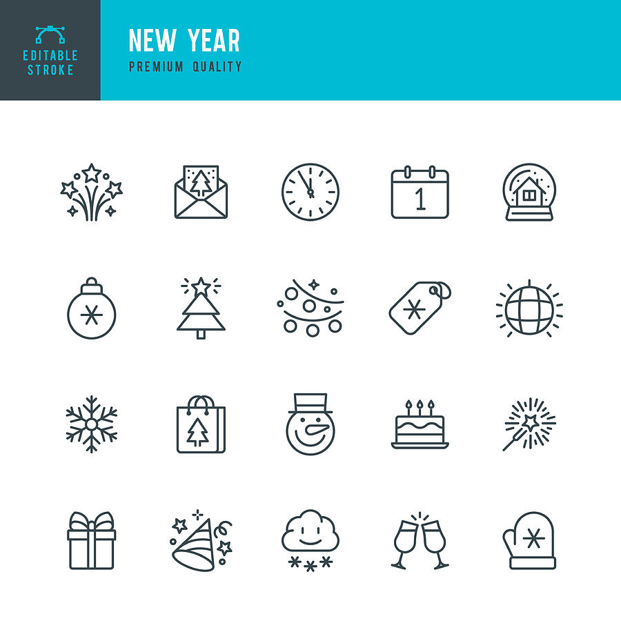 New Year - thin line vector icon set. Editable stroke. Pixel Perfect. Set contains such icons as New Year, Winter, Gift, Christmas Tree, Christmas, Snowflake, Calendar, Sparklers, Clock. Drawing by Fonikum