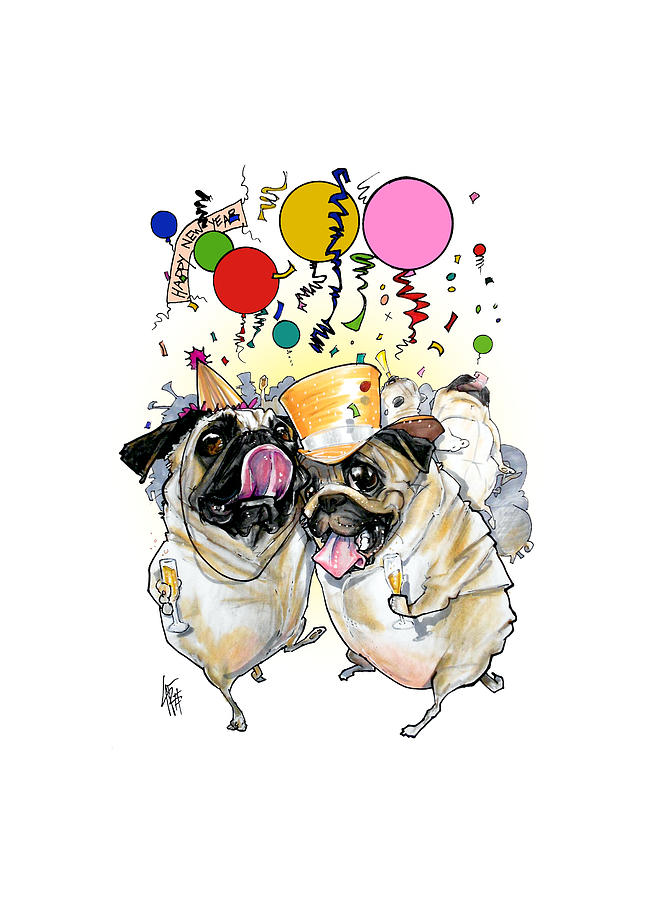 New Years Pugs Drawing by John LaFree