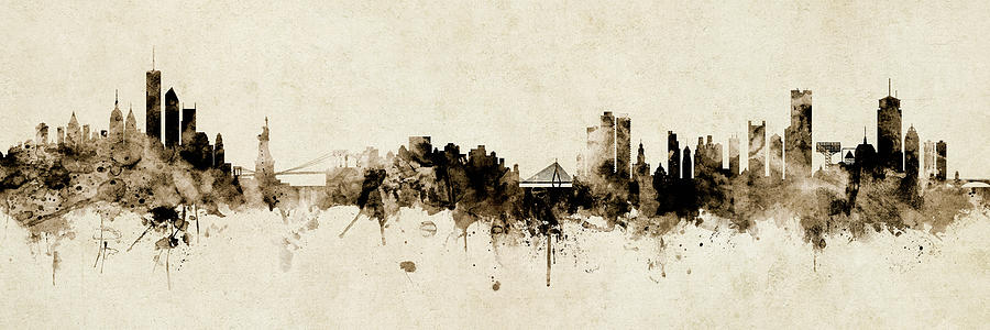 Boston Digital Art - New York and Boston Skyline Mashup Sepia by Michael Tompsett