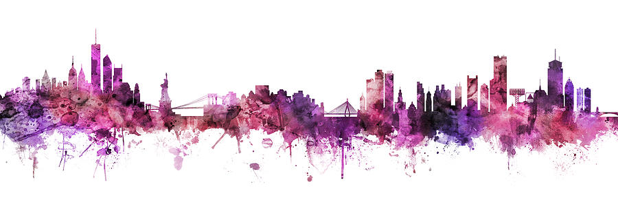 New York and Boston Skylines Mashup Pink Red Purple Digital Art by Michael Tompsett
