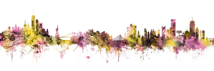 New York and Boston Skylines Mashup Pink Yellow Digital Art by Michael Tompsett