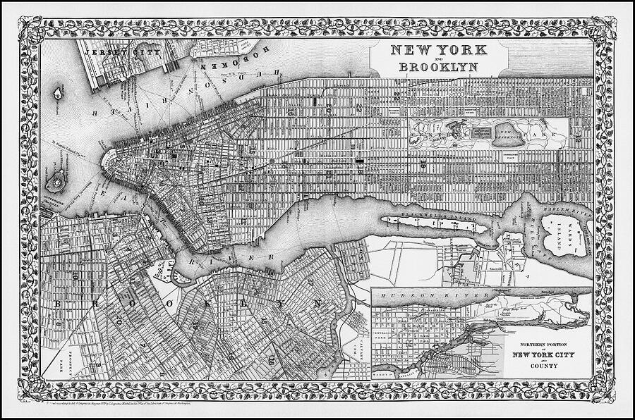 New York and Brooklyn Vintage Map 1879 Black and White Photograph by ...