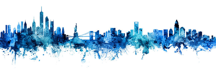 Charlotte Digital Art - New York and Charlotte Skylines Mashup Blue by Michael Tompsett