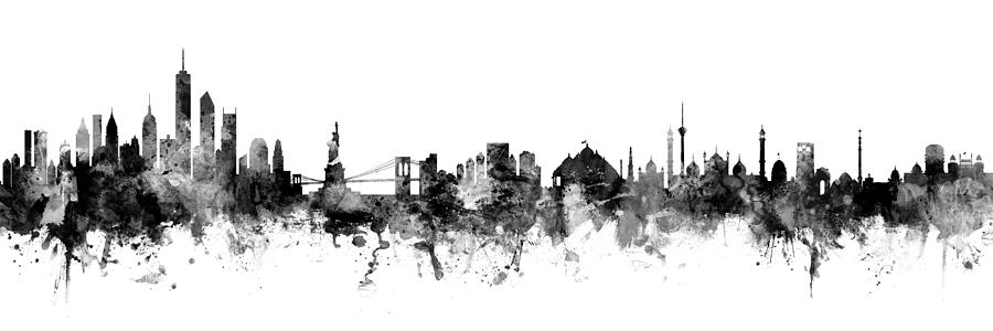 New York and New Delhi Skylines Mashup BW Digital Art by Michael Tompsett