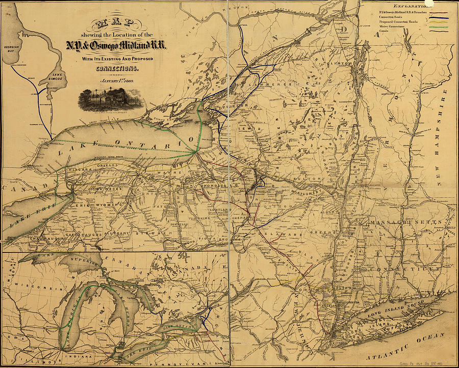 New York and Oswego 1869 Drawing by Vintage Railroad Maps - Fine Art ...