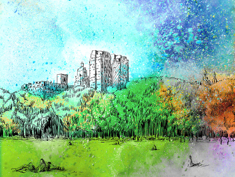 New York Central Park Skyline 01 Painting by Miki De Goodaboom