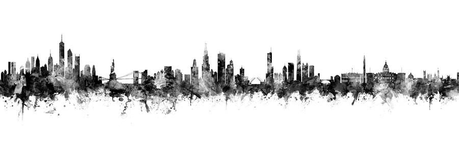New York, Chicago and Washington DC Skylines Mashup Black White Digital Art by Michael Tompsett