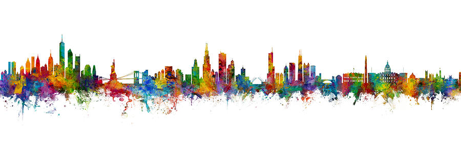 Washington Skyline Digital Art - New York, Chicago and Washington DC Skylines Mashup by Michael Tompsett