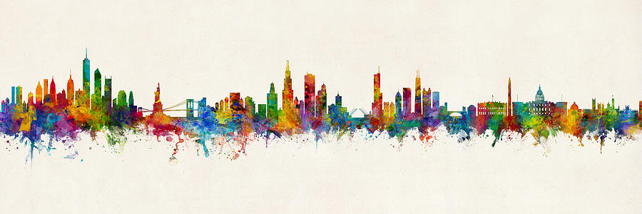 New York, Chicago and Washington DC Skylines Mashup Vintage Beige Digital Art by Michael Tompsett