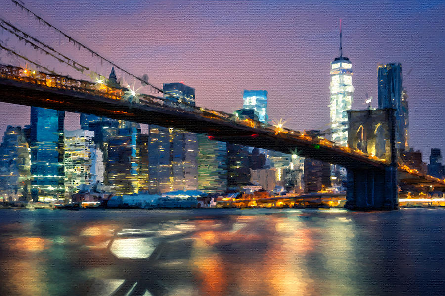 New York City Brooklyn Bridge Black And Skyline Painting by Tony Rubino