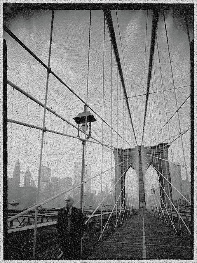 New York City Brooklyn Bridge Black And White Painting by Tony Rubino