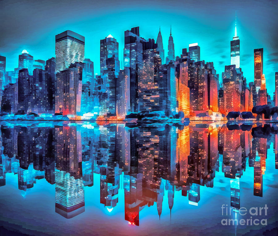 New York City by night Painting by Odon Czintos