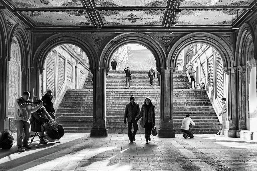 New York City Central Park Bethesda Terrace Arcade Black and White Photograph by Christopher Arndt
