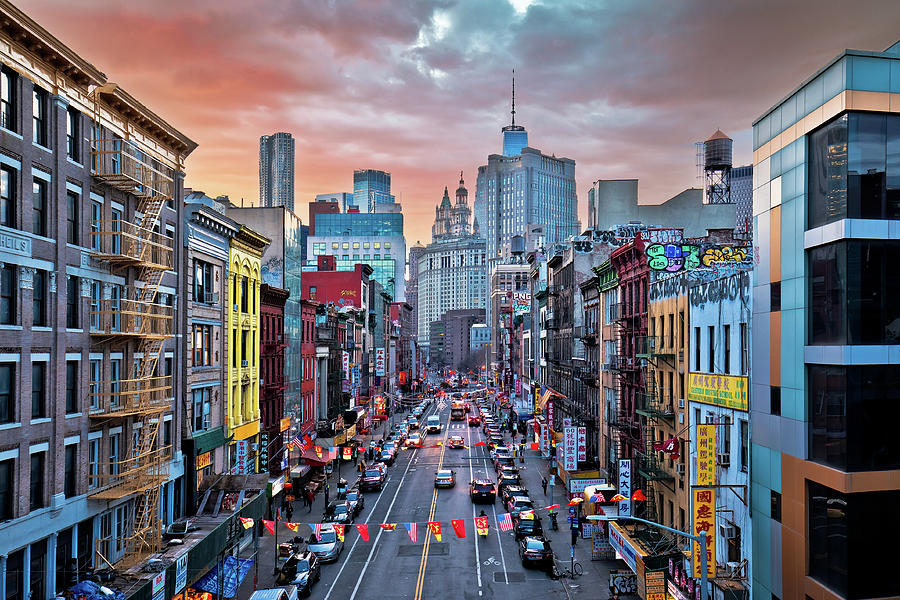 New York City Chinatown and downtown skyscrapers scenic sunset v ...