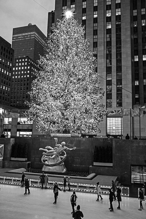 New York City Christmas Tree Ice Skating Rink NY Black and White Photograph by Toby McGuire