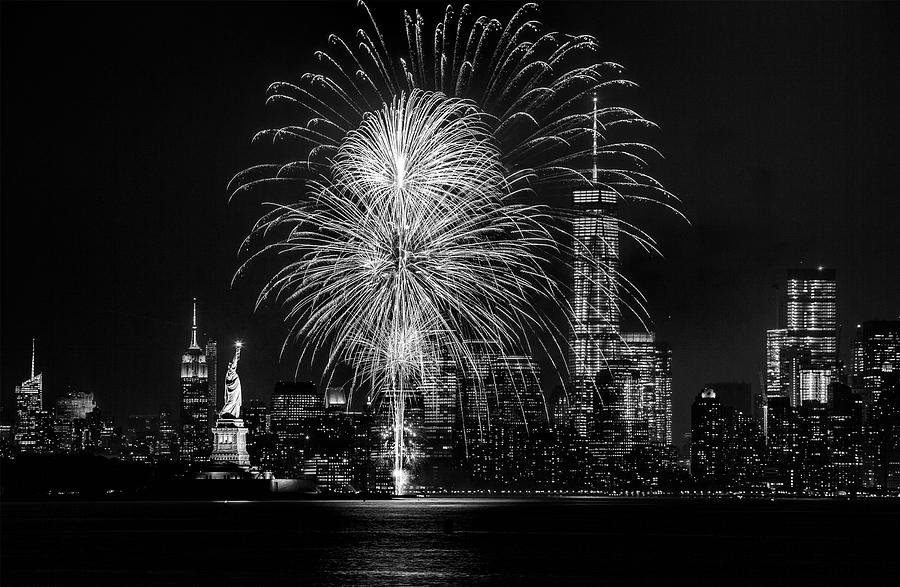 New York City Harbor Fireworks Black and White Photograph by Christopher Arndt