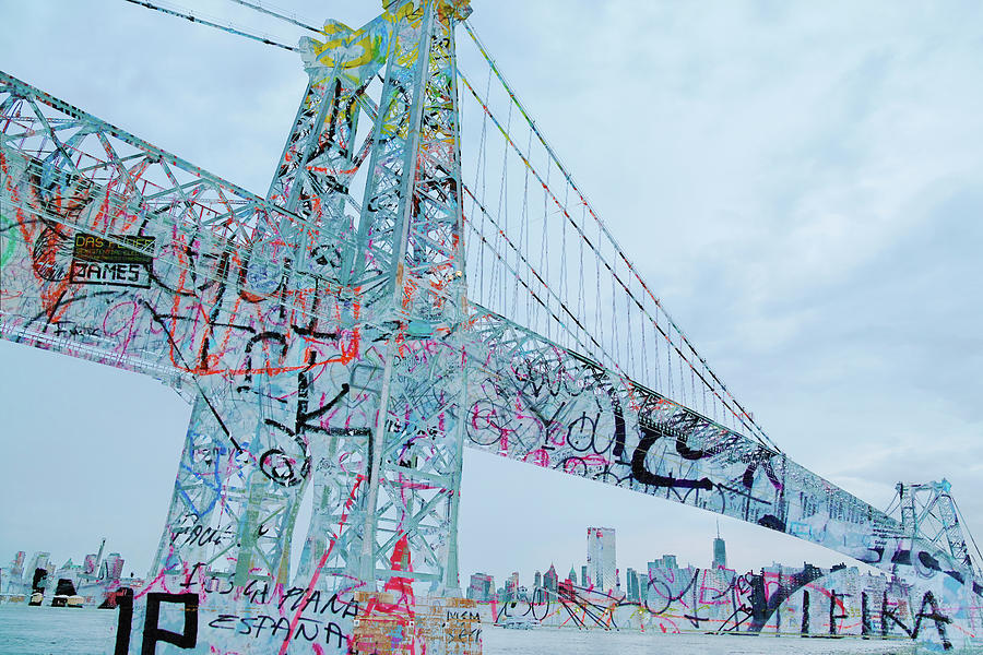 New York City Manhattan Bridge Blue Graffiti Painting by Tony Rubino