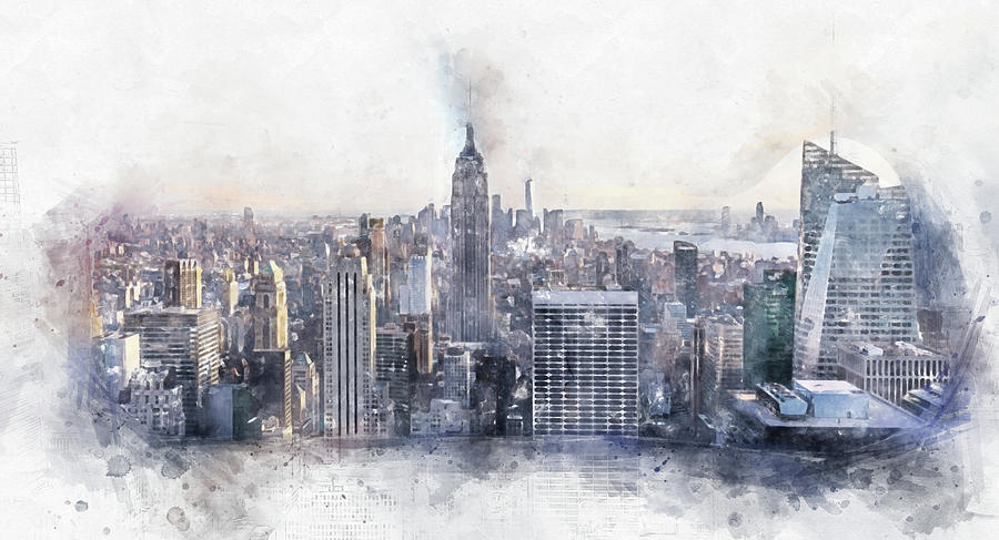 New York City Manhattan midtown aerial panorama view with skyscrapers and blue sky in the day, Digital watercolor painting  Digital Art by Maria Kray