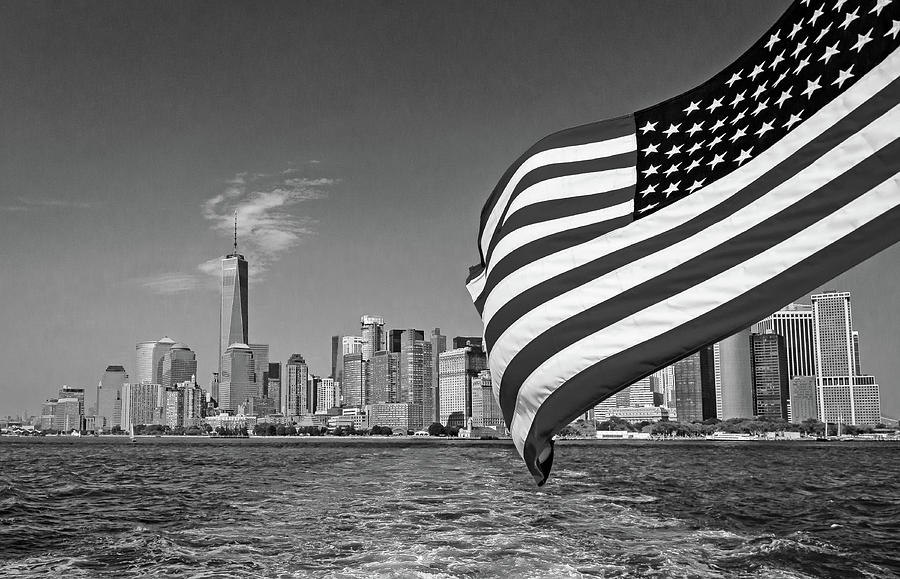 New York City Manhattan Skyline Ferry Flag Black and White Photograph by Christopher Arndt