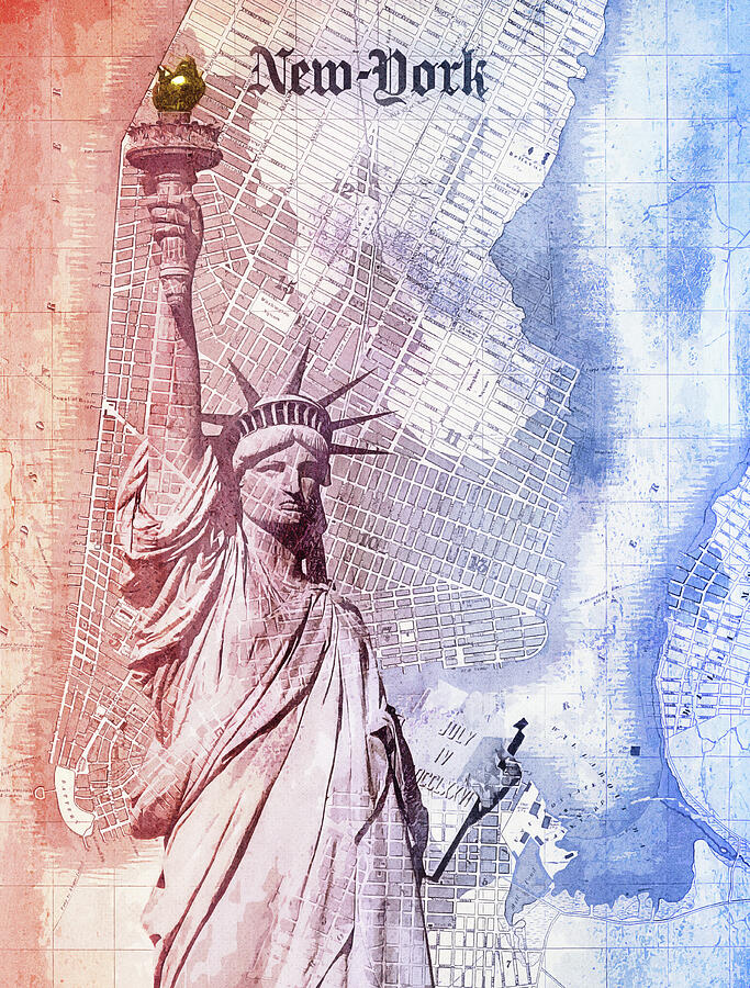 New York City Map Statue Of Liberty Mixed Media by Dan Sproul New York City Map Statue Of Liberty Mixed Media by Dan Sproul