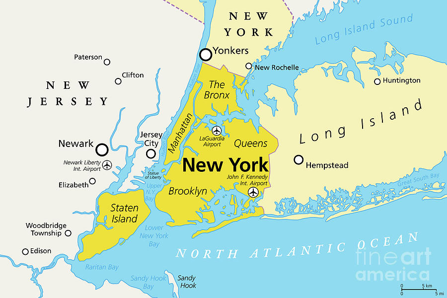 New York City, political map, Manhattan, Bronx, Queens, Brooklyn and
