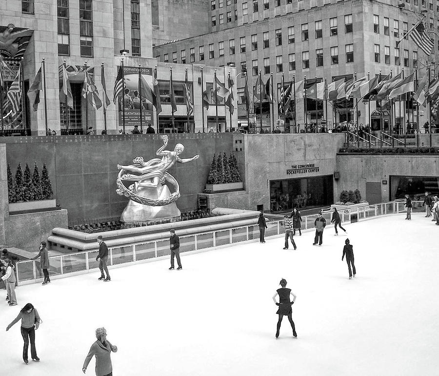 New York City Rockefeller Center Ice Rink Black and White Photograph by Christopher Arndt