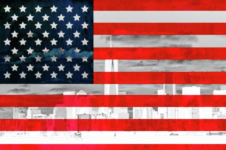 New York City Skyline American Flag Mixed Media