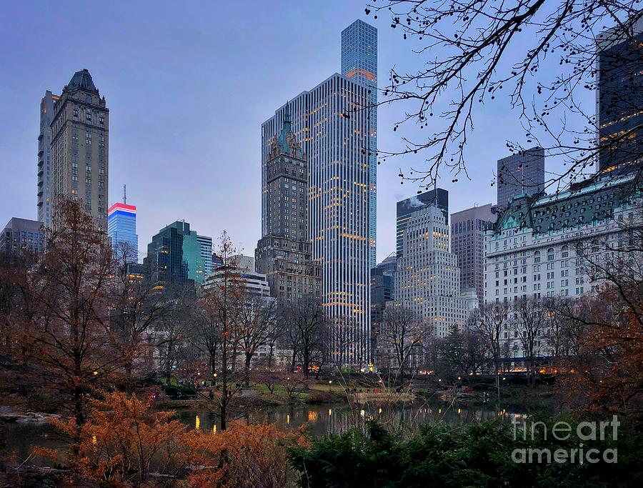 New York City Skyline at Dusk - Central Park with Plaza Hotel Photograph by Miriam Danar