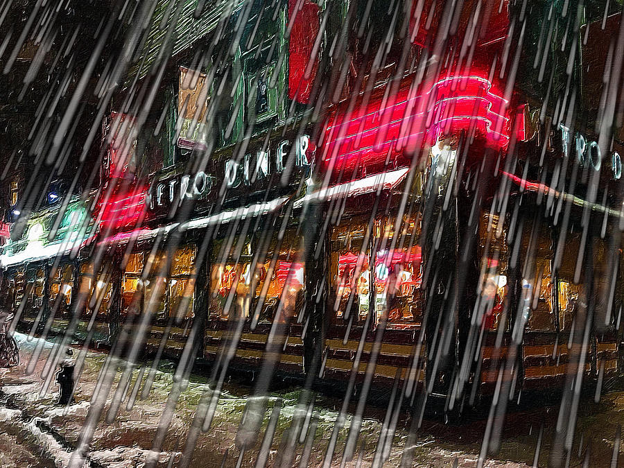 New York City Skyline Rain Snow Storm Diner Painting