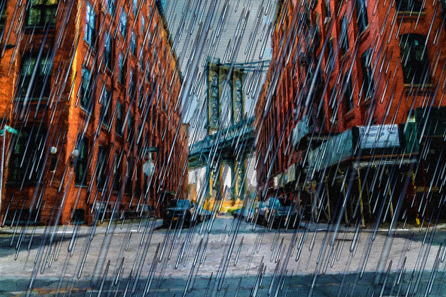 New York City Skyline Rain Storm Bridge Painting by Tony Rubino
