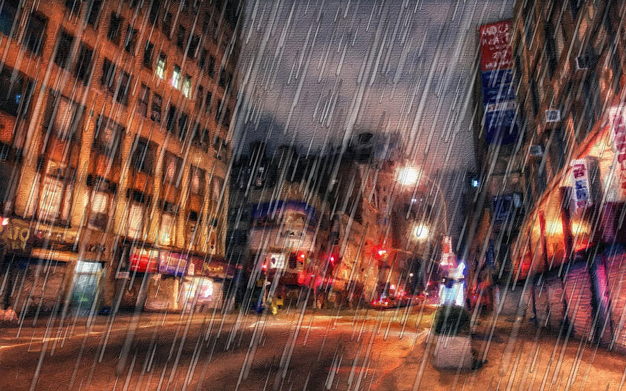 New York City Skyline Rain Storm Street Red Orange Painting by Tony Rubino