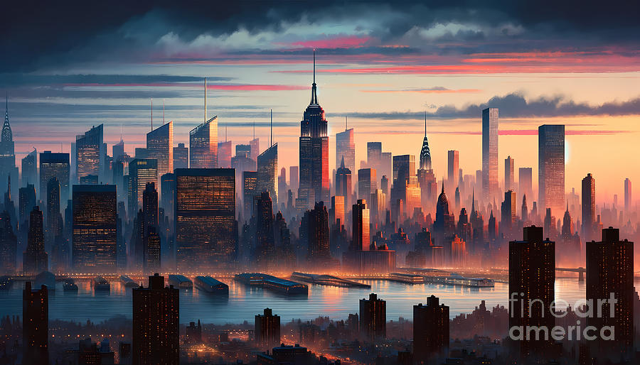 Skyscraper Digital Art - New York City Skyline, The Manhattan skyline with iconic skyscrapers at dusk by Jeff Creation