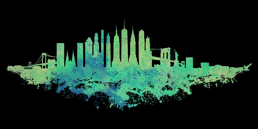 New York City Skyline Watercolor - Mint Green on Black Background Digital Art by SP JE Art