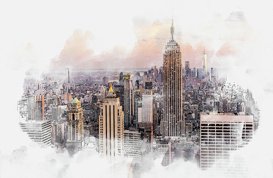 New York City skyline with skyscrapers, watercolor drawing Digital Art by Maria Kray