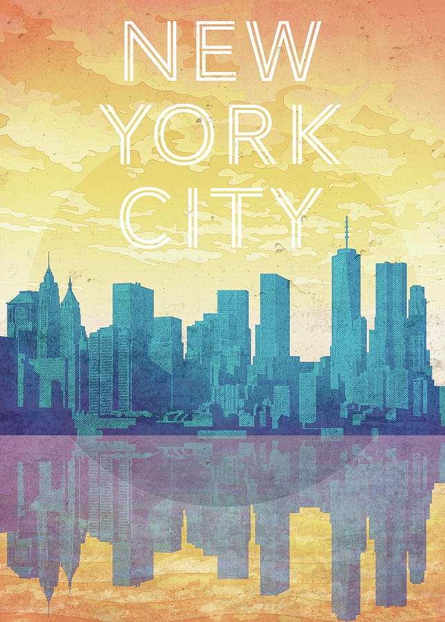 New York City Sunrise Skyline Vintage Retro Travel Poster Mixed Media ...