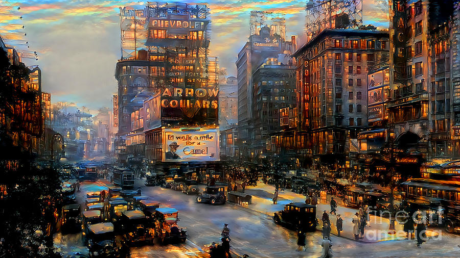 New York City Vintage Time Square in Painterly Vibrant Colors