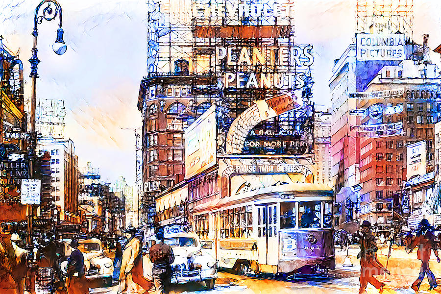 New York City Vintage Time Square in Vibrant Watercolor Sketch Style 20200809v2 Photograph by Wingsdomain Art and Photography