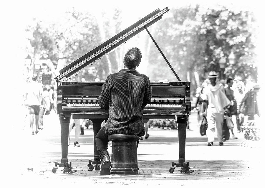 New York City Washington Park Piano Player Black and White Photograph by Christopher Arndt