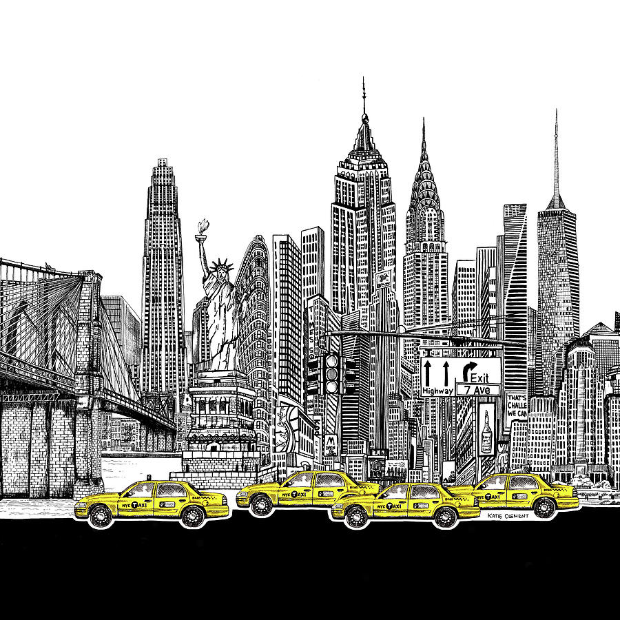 New York City Yellow Cabs Mixed Media by Katie Clement
