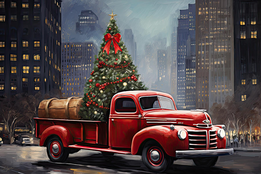 New York Citys Iconic Red Truck - A Symbol of Christmas Magic Painting by Lourry Legarde